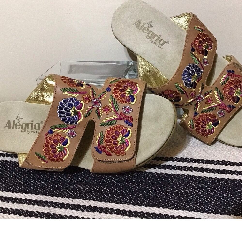 Alegria Linn Needles Pins Boho Women Sz40 US 9 Leather Floral Wedge Sandals